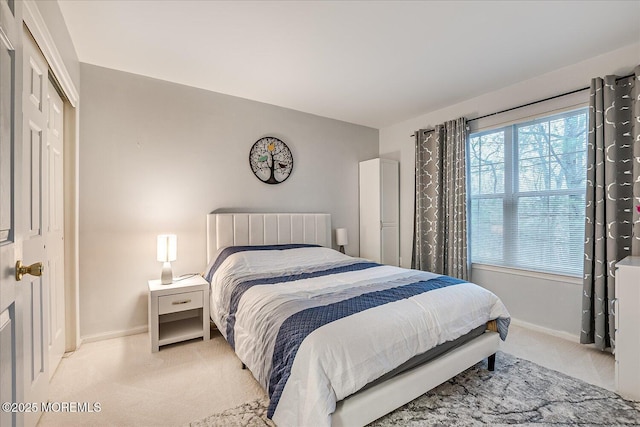 bedroom with a closet and light colored carpet