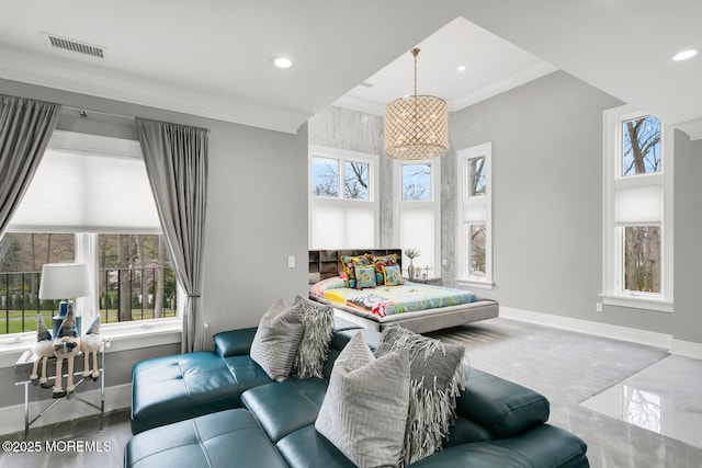 living room with crown molding