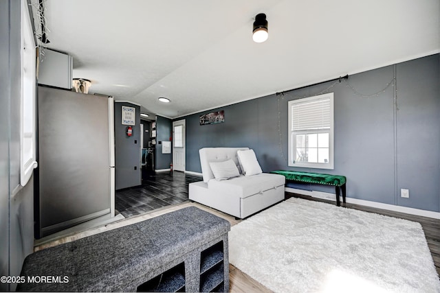 living area featuring vaulted ceiling and dark wood-type flooring