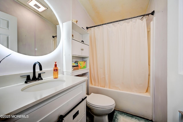 full bathroom featuring vanity, toilet, and shower / bathtub combination with curtain