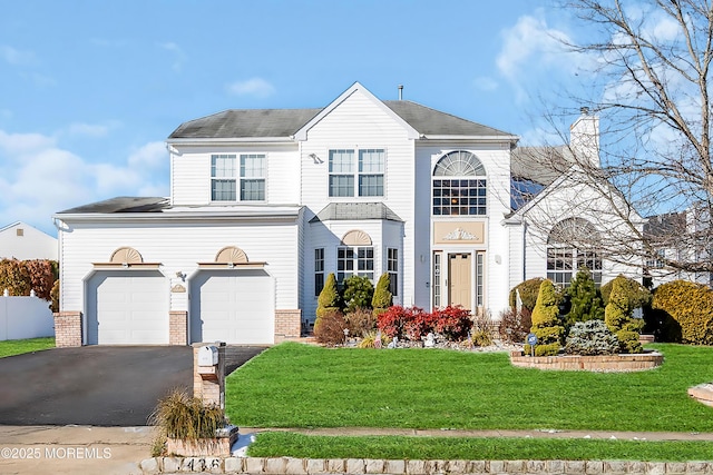 front facade featuring a front yard and a garage