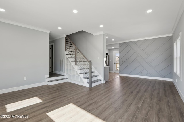 unfurnished living room featuring crown molding and dark hardwood / wood-style floors