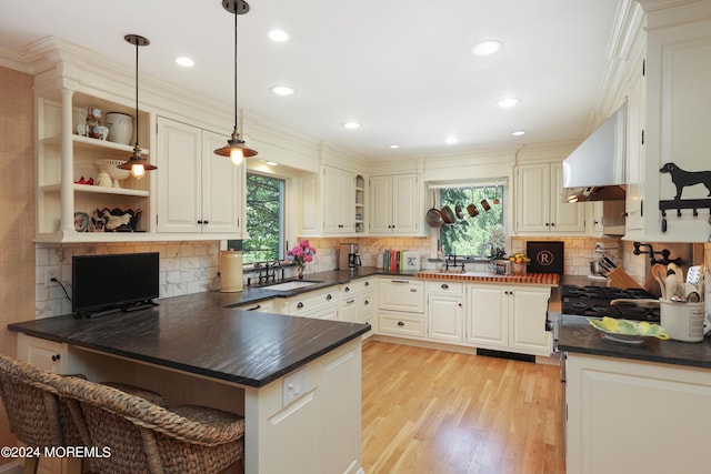 kitchen with kitchen peninsula, tasteful backsplash, sink, pendant lighting, and light hardwood / wood-style floors