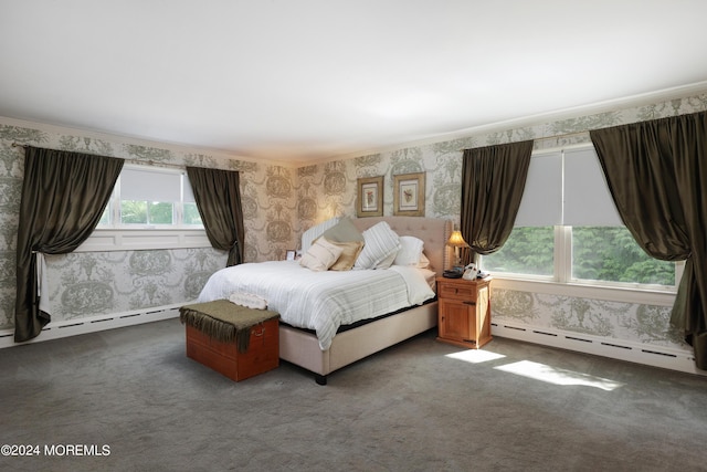 carpeted bedroom featuring ornamental molding and baseboard heating