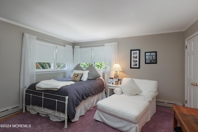 carpeted bedroom with crown molding and a baseboard heating unit