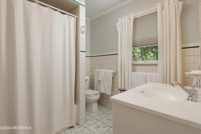 bathroom with toilet, crown molding, tile walls, and vanity