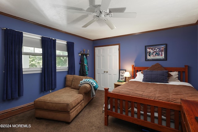 bedroom with carpet flooring, ceiling fan, crown molding, and a baseboard radiator