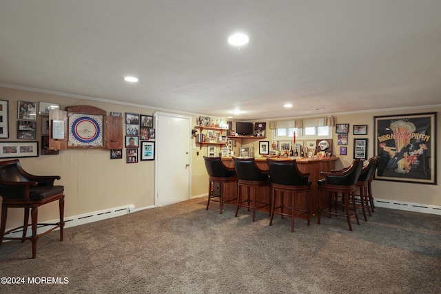 bar featuring carpet flooring, crown molding, and a baseboard radiator