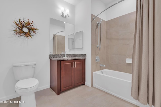 full bathroom featuring shower / bath combination with curtain, vanity, toilet, and tile patterned floors