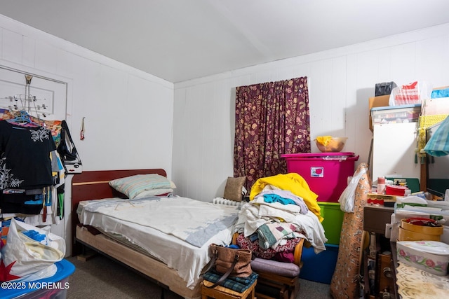 bedroom with carpet flooring and ornamental molding