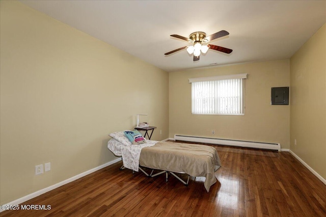 bedroom with ceiling fan, dark hardwood / wood-style floors, electric panel, and a baseboard radiator