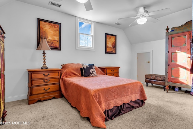 carpeted bedroom featuring ceiling fan and lofted ceiling