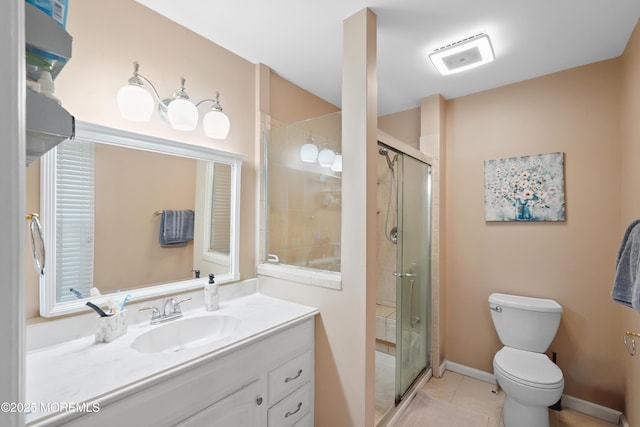 bathroom with tile patterned floors, vanity, toilet, and walk in shower