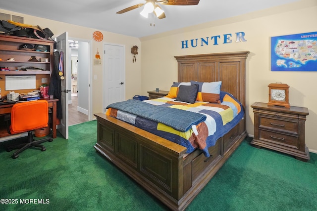 carpeted bedroom with ceiling fan