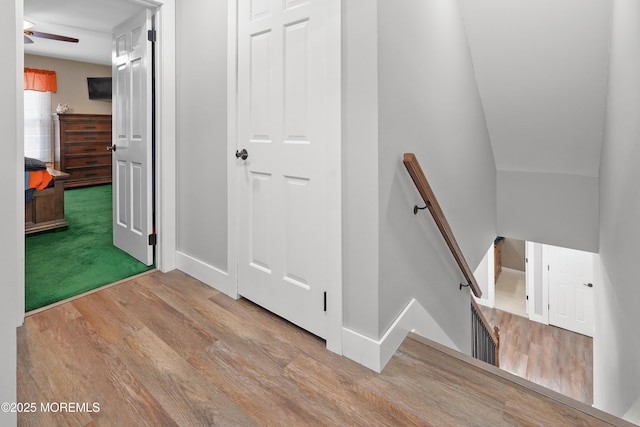 stairway featuring hardwood / wood-style flooring and ceiling fan