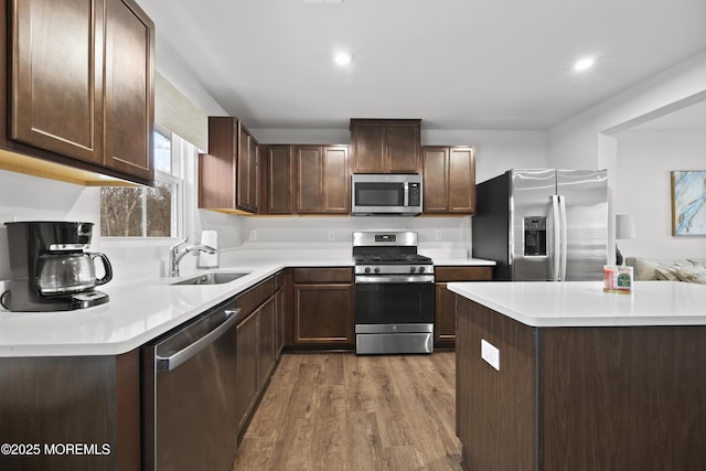 kitchen with dark brown cabinetry, sink, appliances with stainless steel finishes, and light hardwood / wood-style flooring