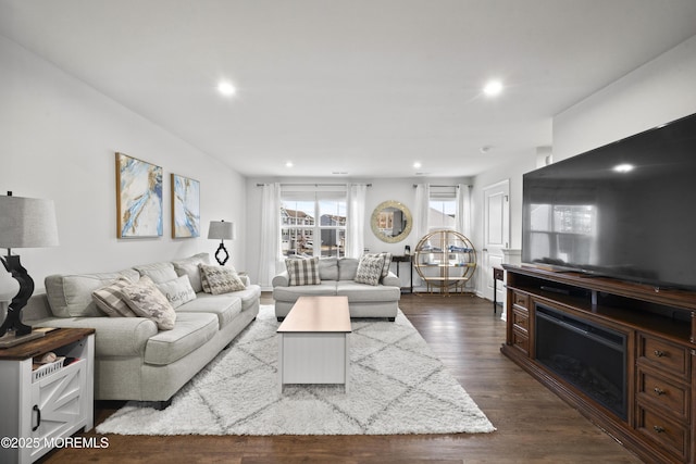 living room with dark wood-type flooring