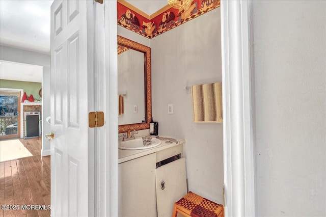 bathroom featuring vanity and hardwood / wood-style floors