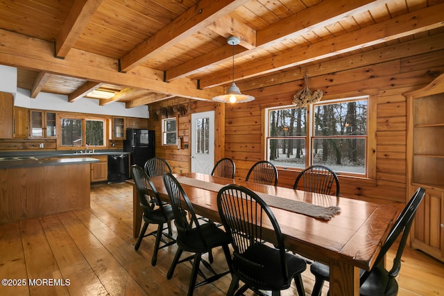 dining area with light wood-type flooring, wood ceiling, wooden walls, beam ceiling, and an inviting chandelier