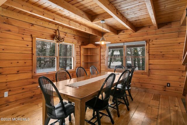 dining area featuring hardwood / wood-style floors, beam ceiling, wood ceiling, and wood walls