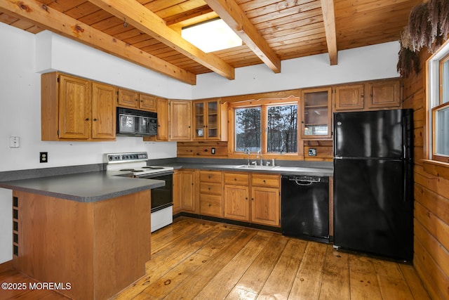 kitchen with black appliances, sink, beam ceiling, dark hardwood / wood-style flooring, and wood ceiling