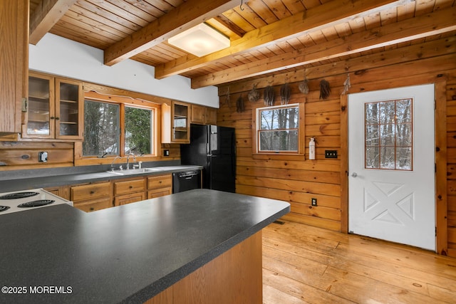 kitchen with wooden walls, sink, black appliances, wooden ceiling, and beamed ceiling