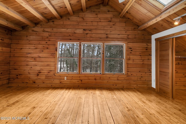 additional living space featuring wood ceiling, wooden walls, and lofted ceiling with skylight