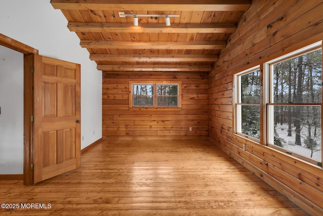 unfurnished room with a healthy amount of sunlight and wood walls