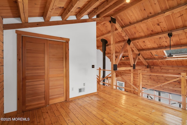 unfurnished living room featuring hardwood / wood-style flooring, vaulted ceiling with beams, wood ceiling, and a wood stove