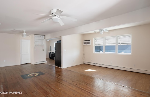 unfurnished living room with hardwood / wood-style floors, an AC wall unit, baseboard heating, and ceiling fan