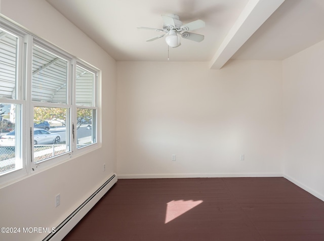 spare room featuring ceiling fan, beamed ceiling, and a baseboard heating unit