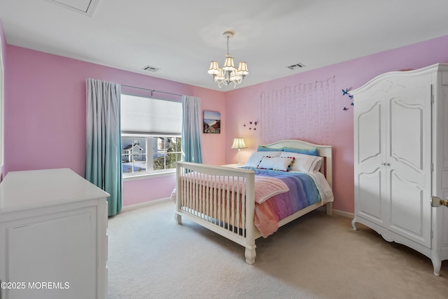 carpeted bedroom featuring a notable chandelier