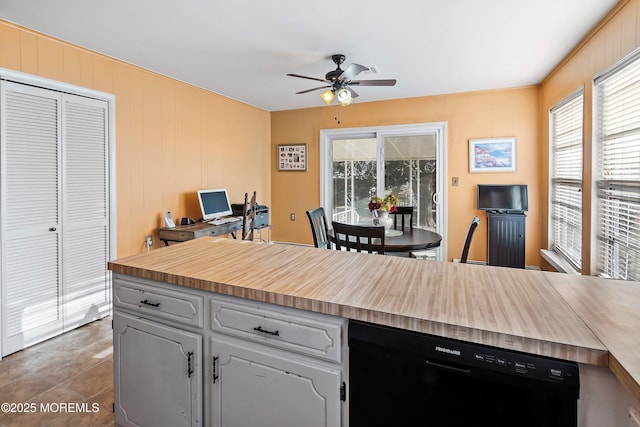 kitchen featuring ceiling fan, wood walls, gray cabinets, and black dishwasher