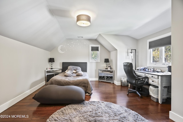 bedroom with dark hardwood / wood-style floors and vaulted ceiling