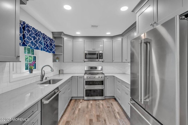 kitchen featuring a sink, open shelves, gray cabinetry, and stainless steel appliances