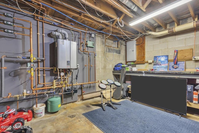 interior space with electric panel and water heater