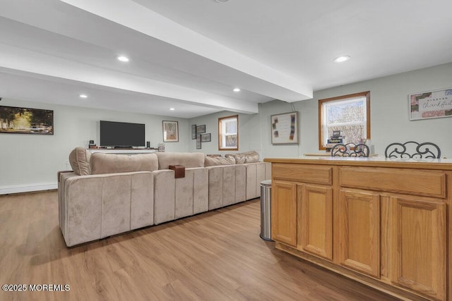 living room featuring light hardwood / wood-style flooring and beam ceiling