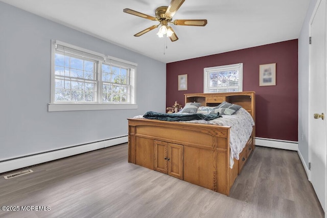 bedroom featuring ceiling fan, light wood-type flooring, and a baseboard radiator