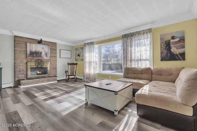 living room with baseboard heating, hardwood / wood-style flooring, and a stone fireplace