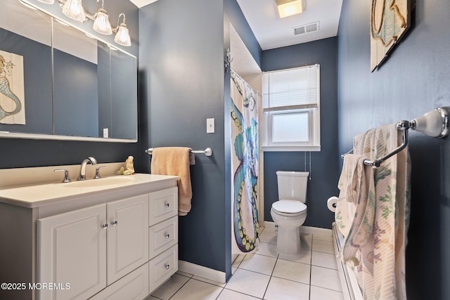 bathroom with walk in shower, tile patterned flooring, vanity, and toilet