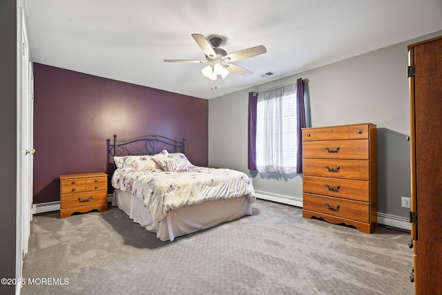 carpeted bedroom with a baseboard radiator and ceiling fan