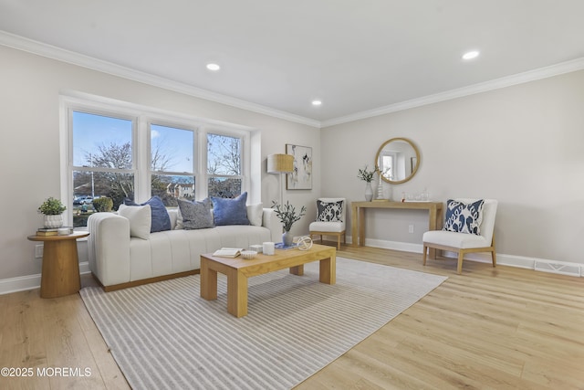 living room featuring ornamental molding and light hardwood / wood-style flooring