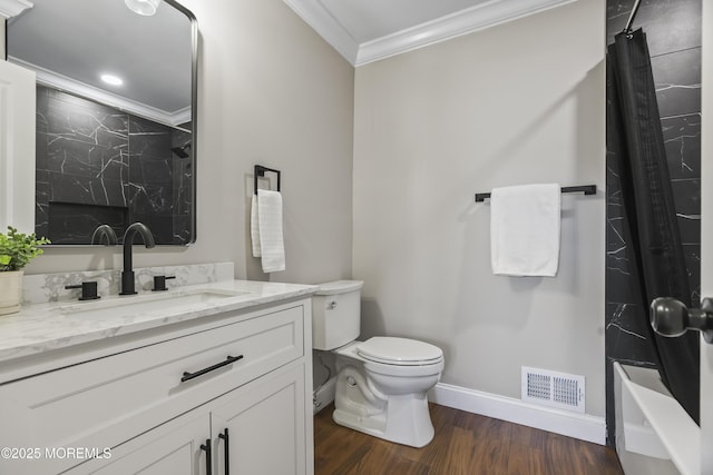 full bathroom with toilet, hardwood / wood-style flooring, shower / bathtub combination with curtain, ornamental molding, and vanity