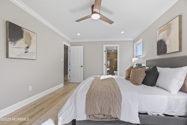 bedroom with wood-type flooring, ensuite bath, ceiling fan, and crown molding