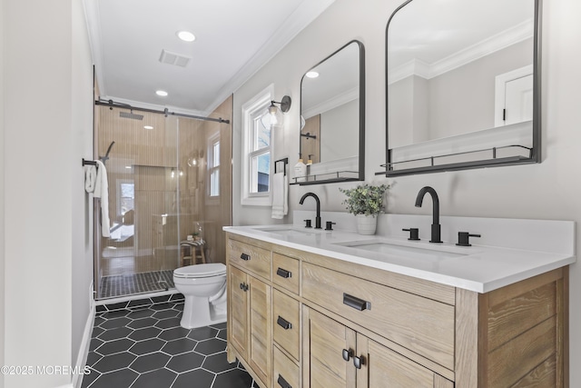 bathroom featuring toilet, ornamental molding, walk in shower, and vanity