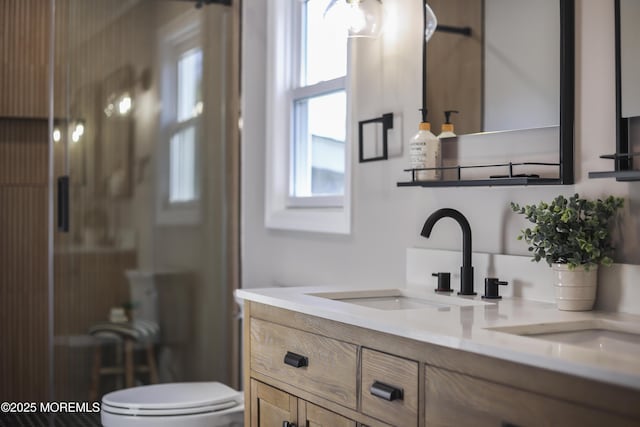 bathroom with toilet, vanity, and a shower with shower door