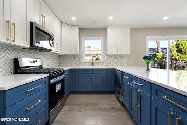 kitchen featuring blue cabinetry, sink, wood-type flooring, white cabinets, and appliances with stainless steel finishes