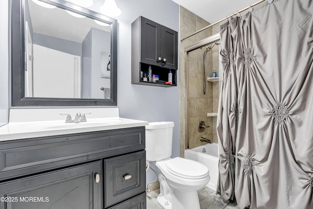 full bathroom with shower / bath combination with curtain, vanity, and toilet