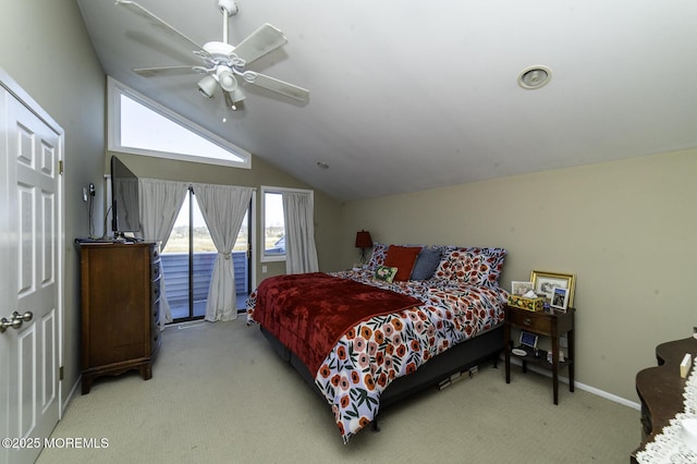 bedroom with lofted ceiling, ceiling fan, access to outside, and light colored carpet