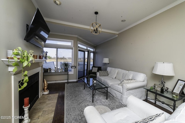 living room with ornamental molding and dark wood-type flooring